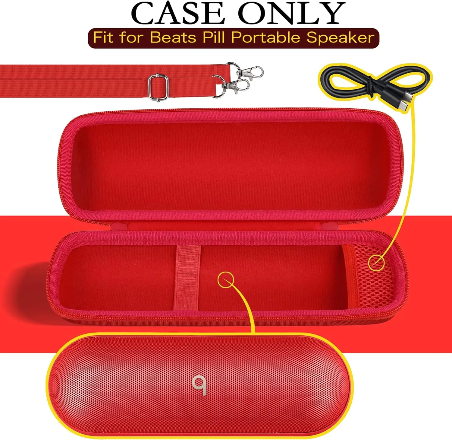 for Beats Pill 2024 Wireless Bluetooth Speaker Hard Protective Case with Shoulder Strap, Portable Travel Case Replacement (Statement Red Case) - co2CREA
