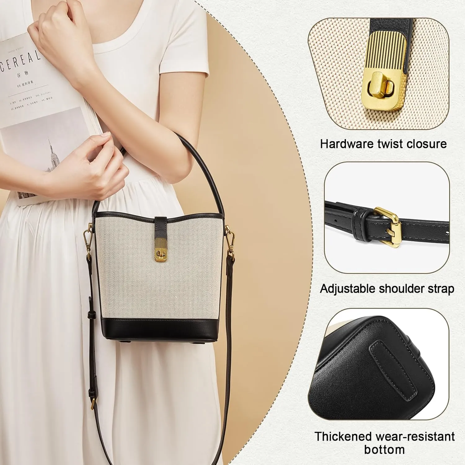 FOXLOVER Coated Canvas Bucket Crossbody Bags for Women Top-Handle Handbags Small Satchel Purse Trendy Twist Lock