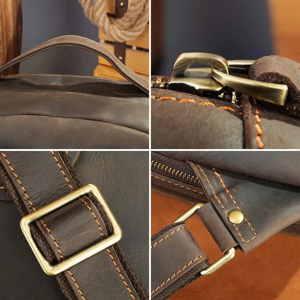 Full Grain Leather Backpack for Men Laptop Bag Business Work Hiking Daypack