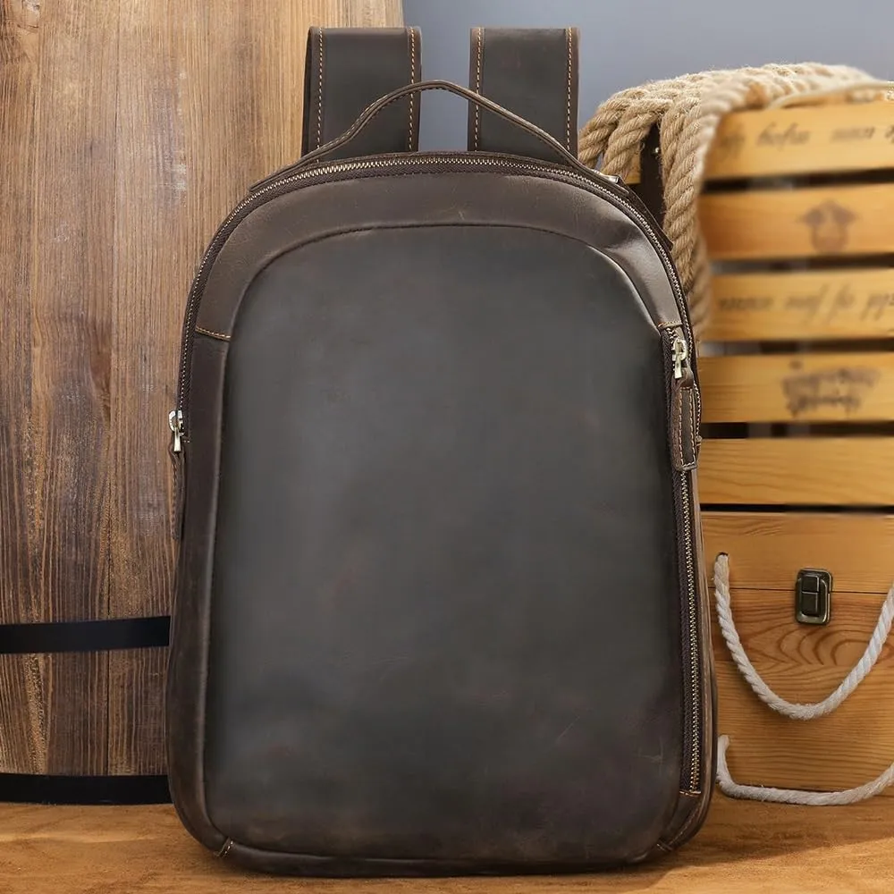 Full Grain Leather Backpack for Men Laptop Bag Business Work Hiking Daypack