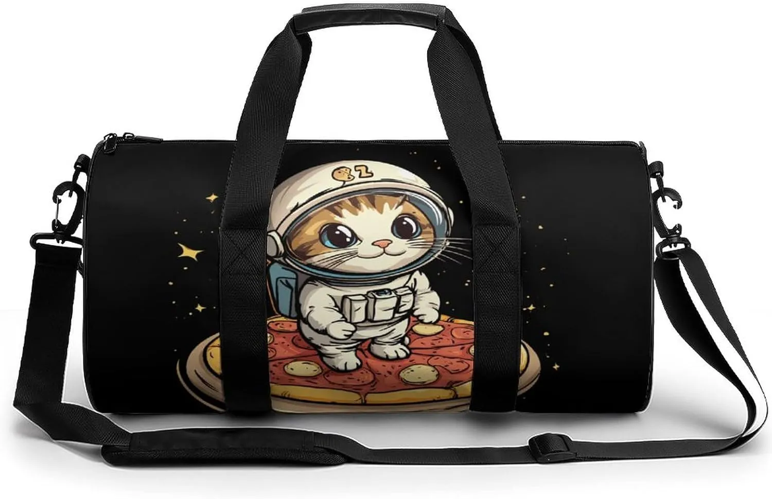 Funny Cat Flying A Pizza Astronaut Gym Bag Travel Duffel Bag Lightweight Carry On Weekender Bag Tote Bags for Women Men