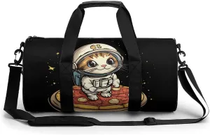 Funny Cat Flying A Pizza Astronaut Gym Bag Travel Duffel Bag Lightweight Carry On Weekender Bag Tote Bags for Women Men