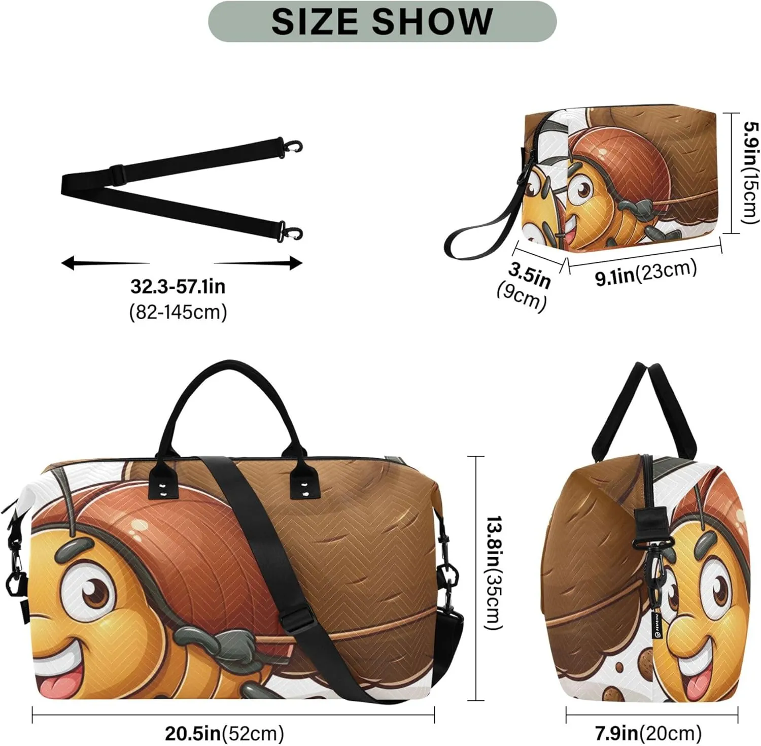 Funny Cute Cartoon Travel Duffle Women Makeup Pouch Set of 2, Colorful Women Gym Bags Tote Duffle Carry on Bag