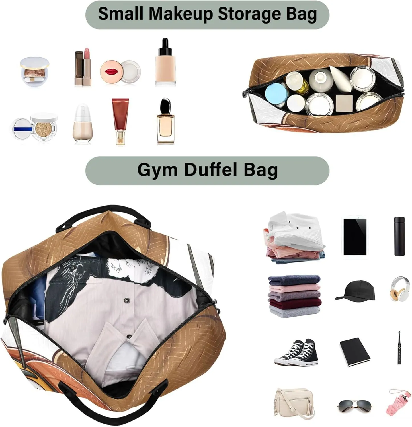 Funny Cute Cartoon Travel Duffle Women Makeup Pouch Set of 2, Colorful Women Gym Bags Tote Duffle Carry on Bag