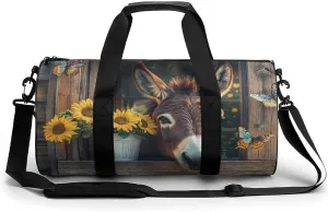 Funny Farmhouse Donkey Sunflowers Unisex Gym Bag Travel Duffel Bags Overnight Sport Tote with Compartment for Weekender Vacation
