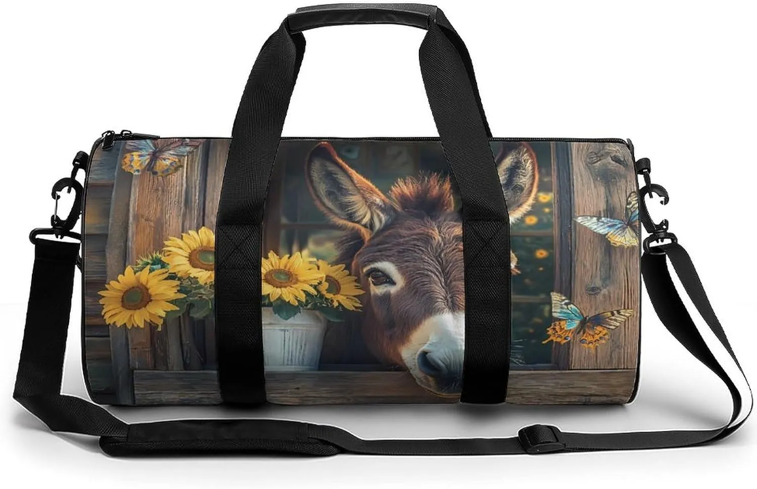Funny Farmhouse Donkey Sunflowers Unisex Gym Bag Travel Duffel Bags Overnight Sport Tote with Compartment for Weekender Vacation