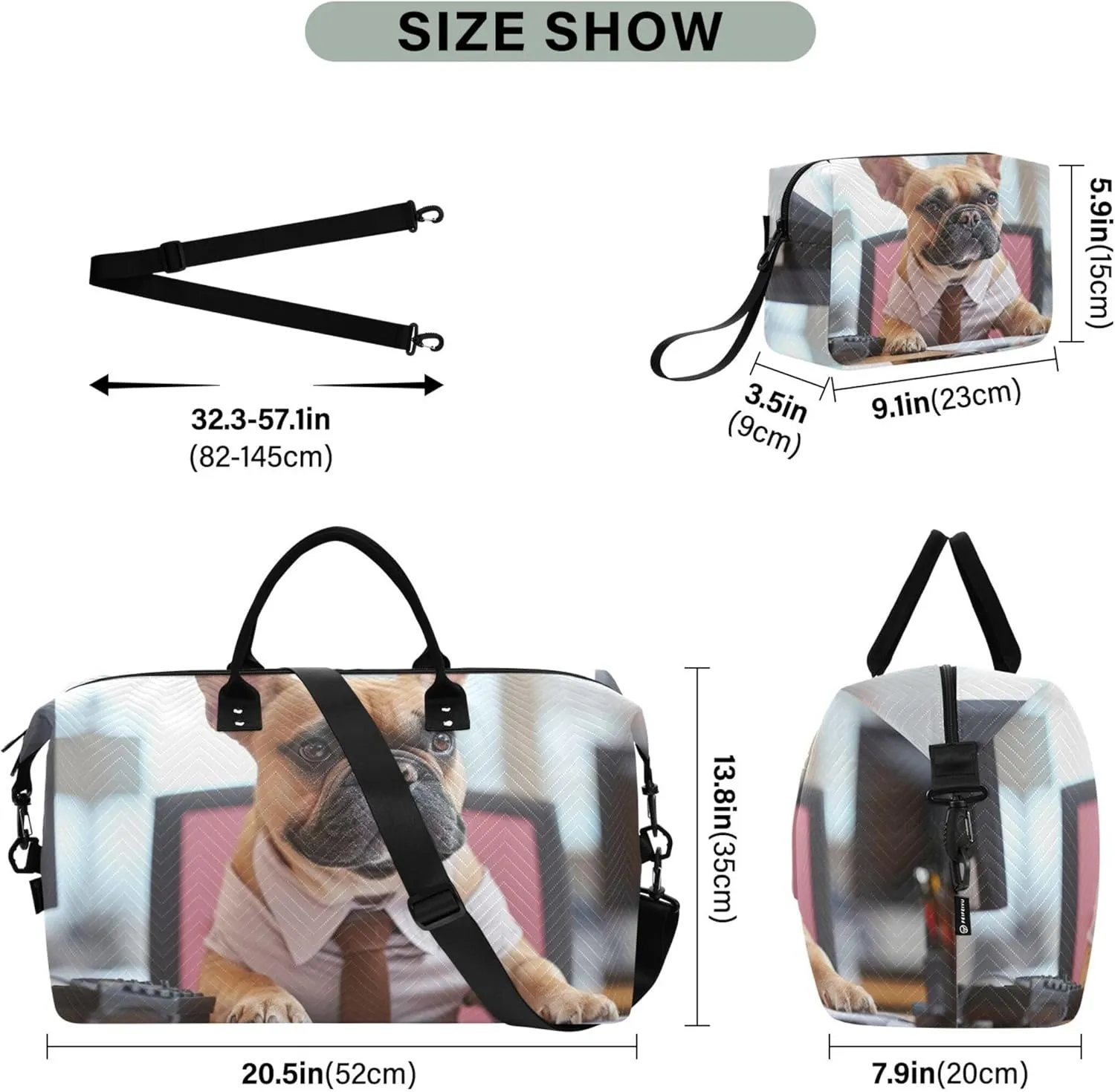 Funny French Bulldog Sitting Office Duffel Bag for Travel Cosmetic Bags Set of 2, Cute Gym Tote Bags Carry on Bags