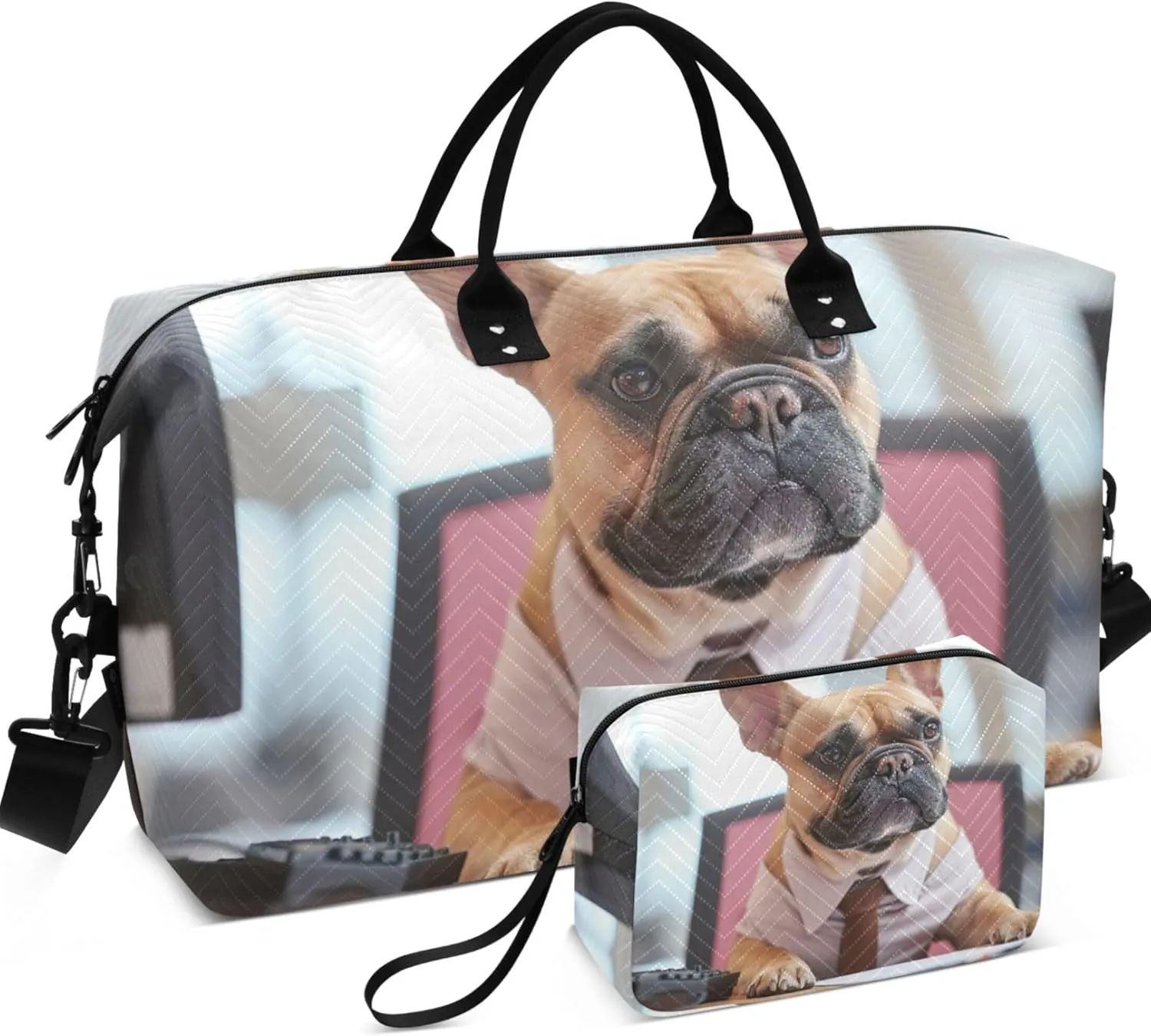 Funny French Bulldog Sitting Office Duffel Bag for Travel Cosmetic Bags Set of 2, Cute Gym Tote Bags Carry on Bags