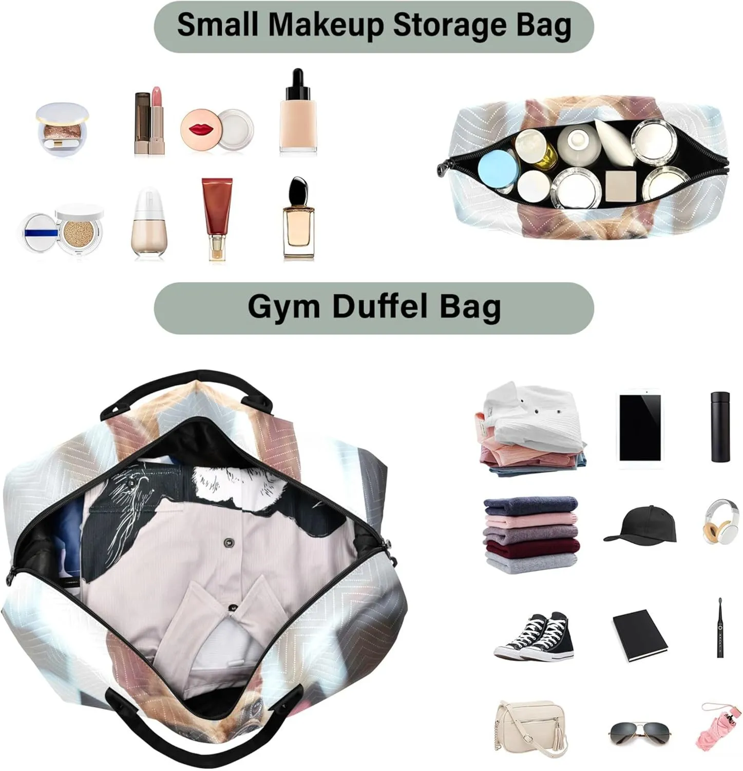 Funny French Bulldog Sitting Office Duffel Bag for Travel Cosmetic Bags Set of 2, Cute Gym Tote Bags Carry on Bags