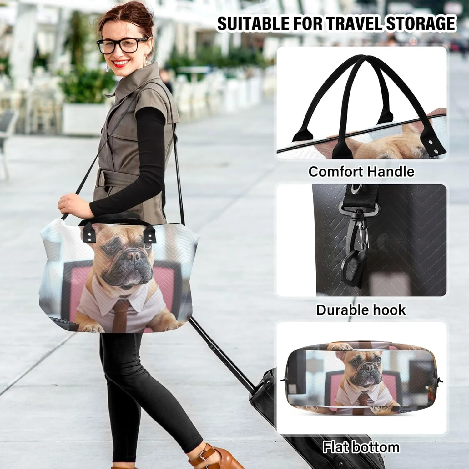 Funny French Bulldog Sitting Office Duffel Bag for Travel Cosmetic Bags Set of 2, Cute Gym Tote Bags Carry on Bags