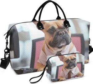 Funny French Bulldog Sitting Office Duffel Bag for Travel Cosmetic Bags Set of 2, Cute Gym Tote Bags Carry on Bags