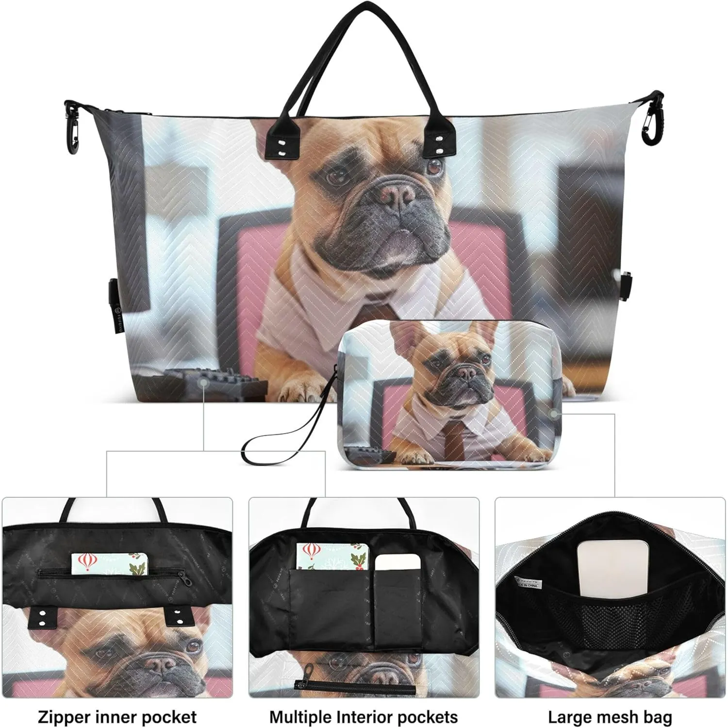 Funny French Bulldog Sitting Office Duffel Bag for Travel Cosmetic Bags Set of 2, Cute Gym Tote Bags Carry on Bags