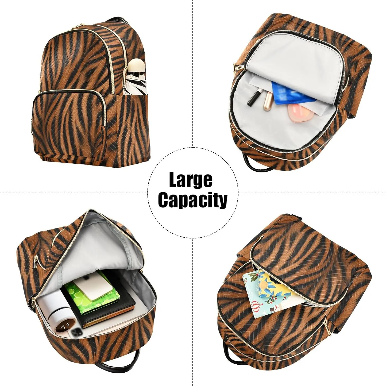 Furry Tigers Stripe Brown Backpack Purse for Women Girls Fashion Ladies Small Back Pack Purse for Traveling Work College M