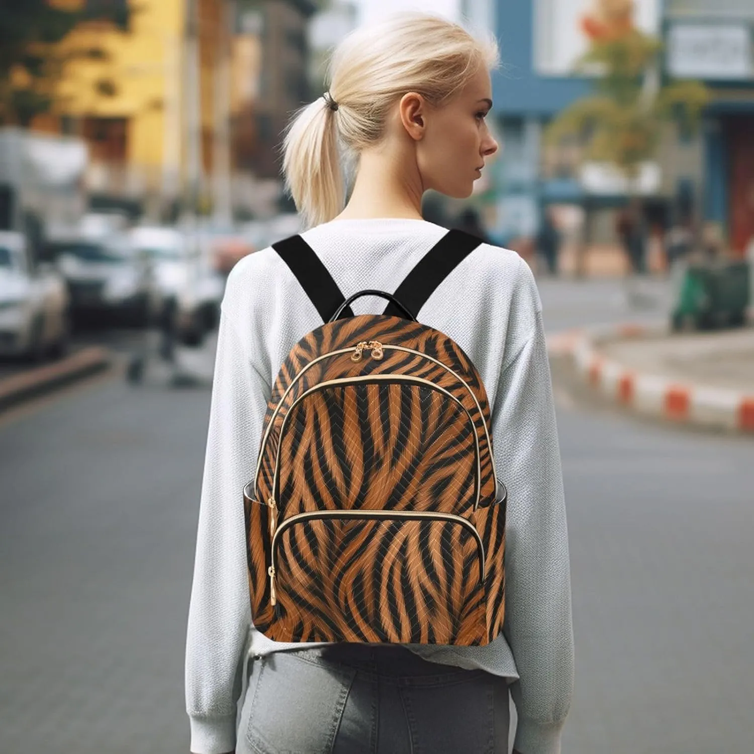 Furry Tigers Stripe Brown Backpack Purse for Women Girls Fashion Ladies Small Back Pack Purse for Traveling Work College M