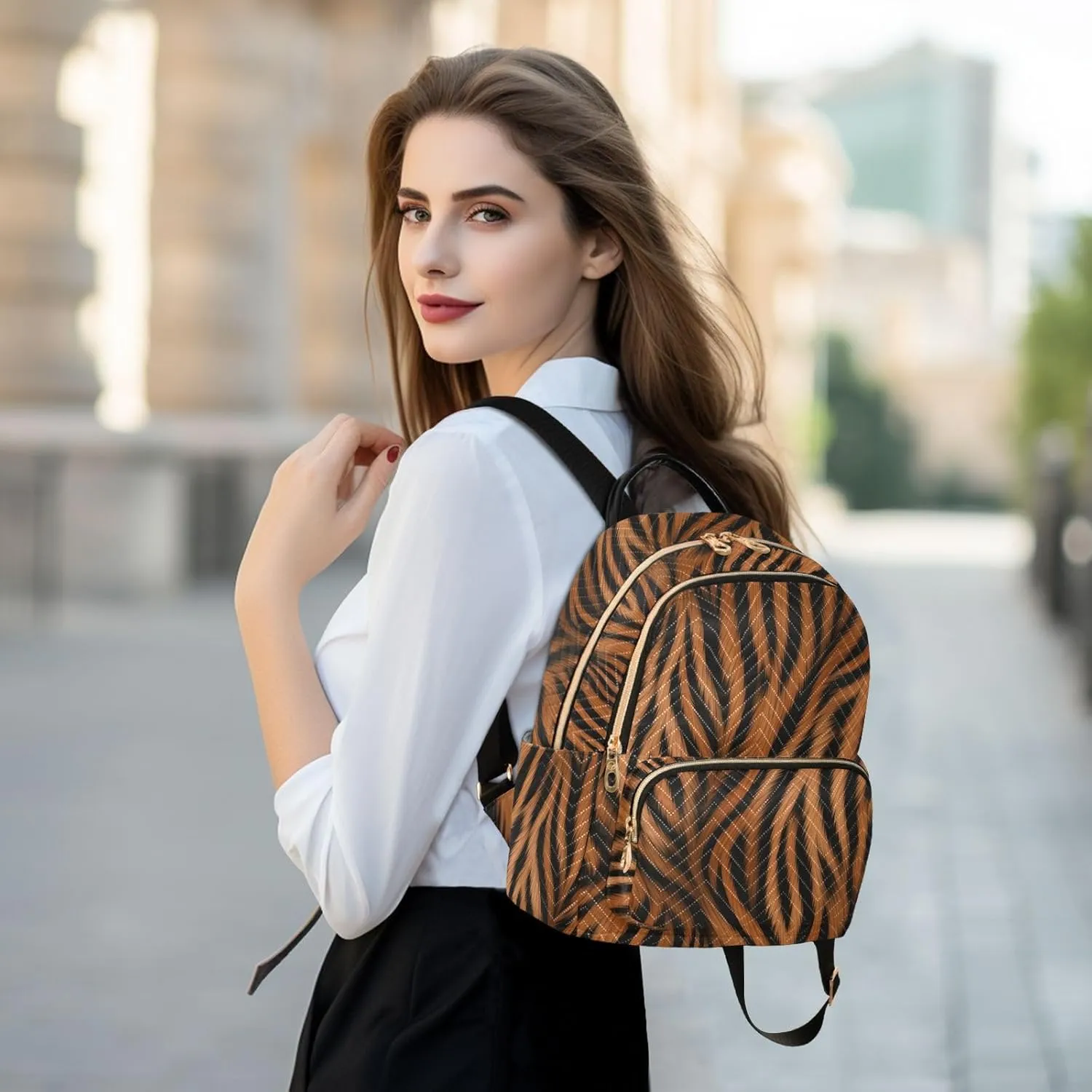 Furry Tigers Stripe Brown Backpack Purse for Women Girls Fashion Ladies Small Back Pack Purse for Traveling Work College M