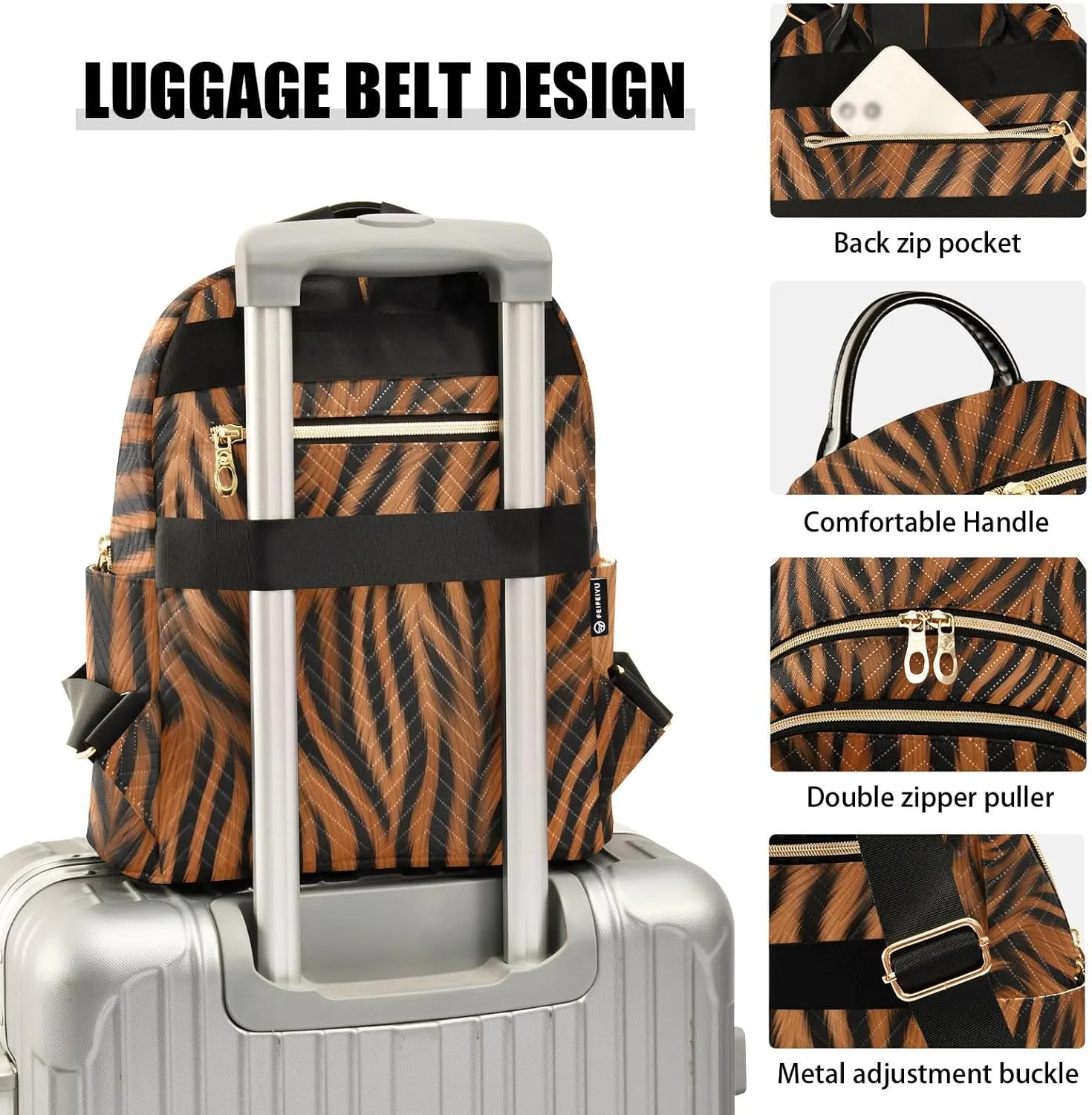 Furry Tigers Stripe Brown Backpack Purse for Women Girls Fashion Ladies Small Back Pack Purse for Traveling Work College M