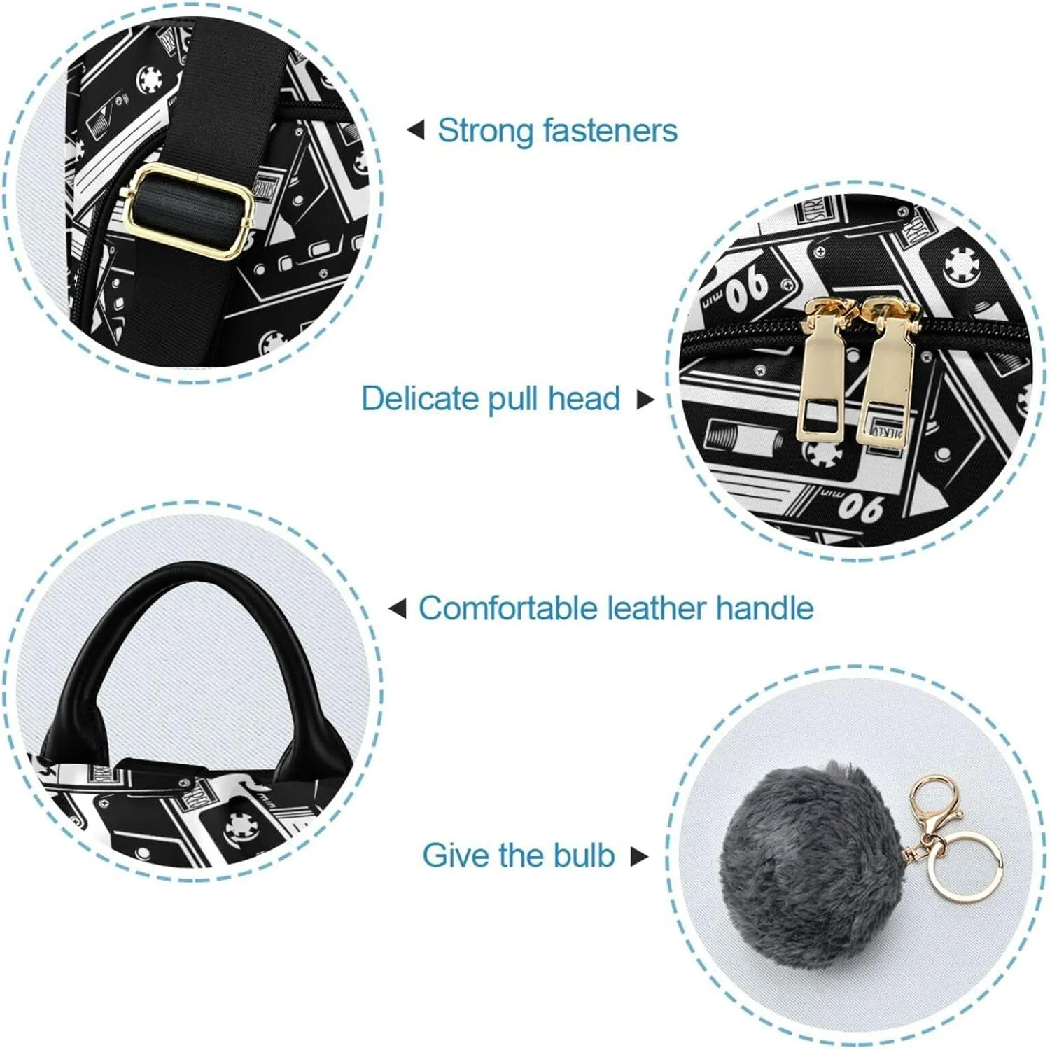 Fustylead Retro Black and White Cassette Tape Backpack Purse for Women Anti-theft Backpack Purse Travel Daypack
