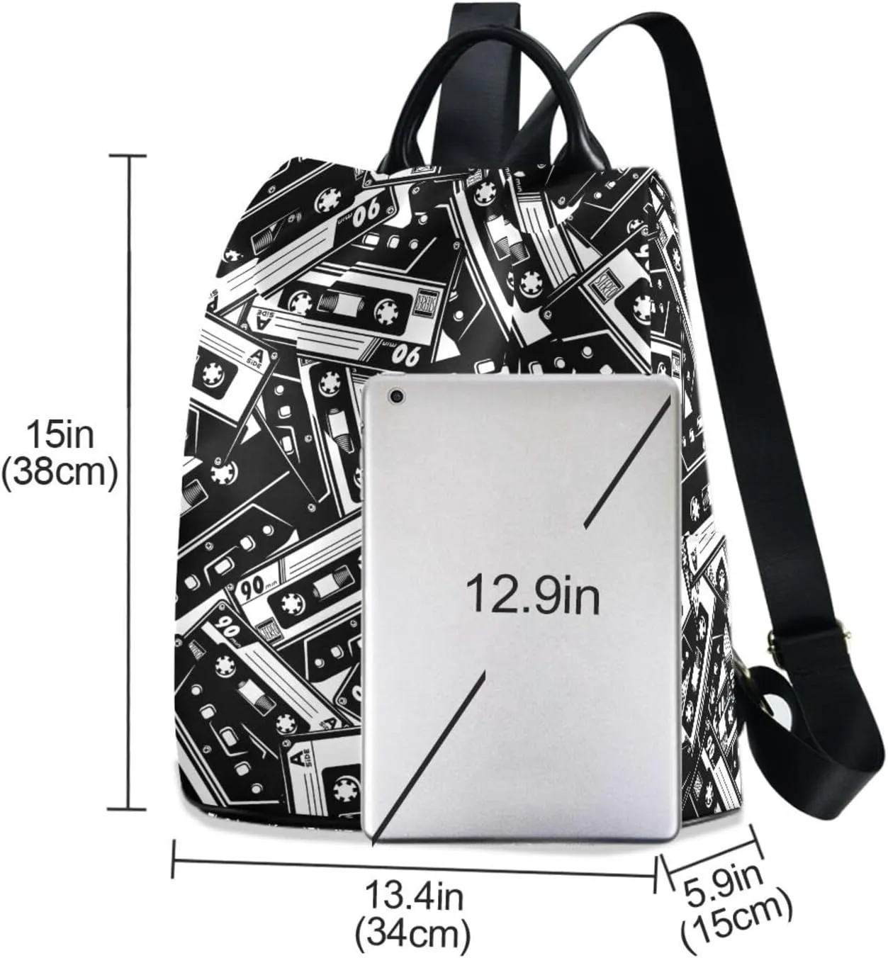 Fustylead Retro Black and White Cassette Tape Backpack Purse for Women Anti-theft Backpack Purse Travel Daypack