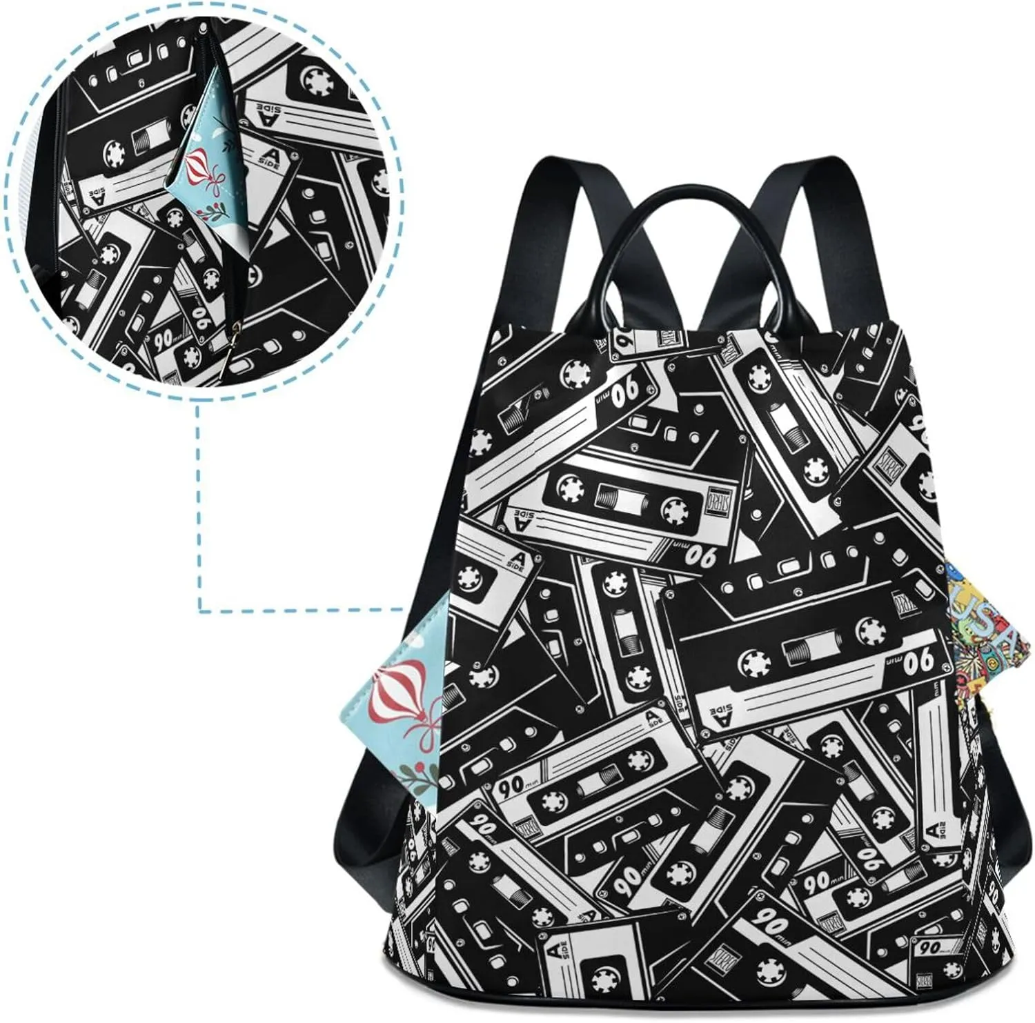 Fustylead Retro Black and White Cassette Tape Backpack Purse for Women Anti-theft Backpack Purse Travel Daypack