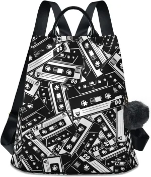 Fustylead Retro Black and White Cassette Tape Backpack Purse for Women Anti-theft Backpack Purse Travel Daypack
