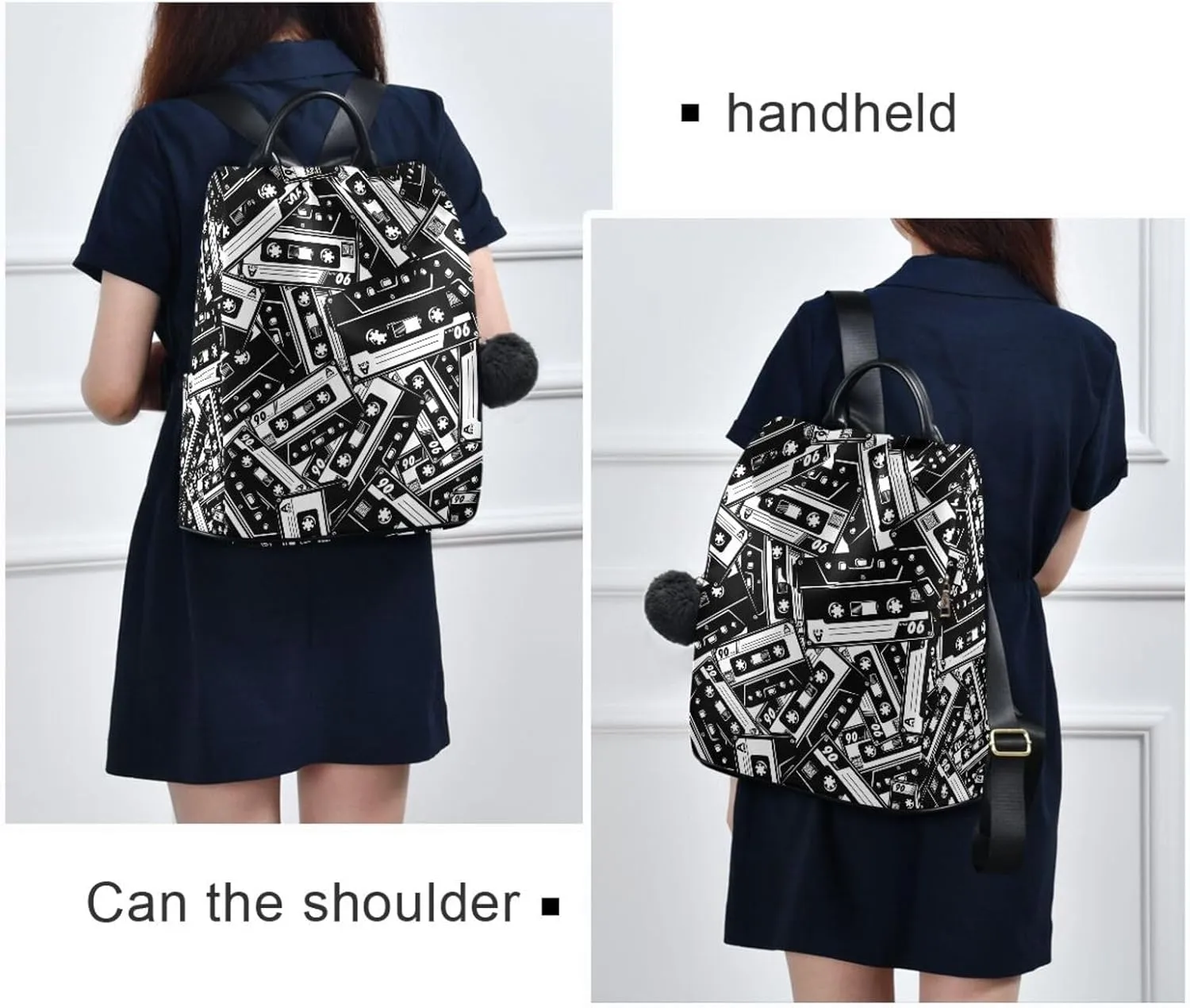Fustylead Retro Black and White Cassette Tape Backpack Purse for Women Anti-theft Backpack Purse Travel Daypack