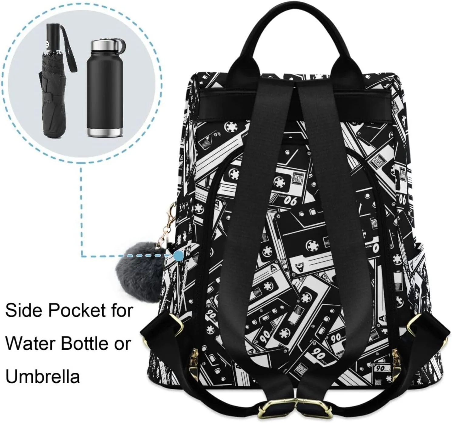 Fustylead Retro Black and White Cassette Tape Backpack Purse for Women Anti-theft Backpack Purse Travel Daypack