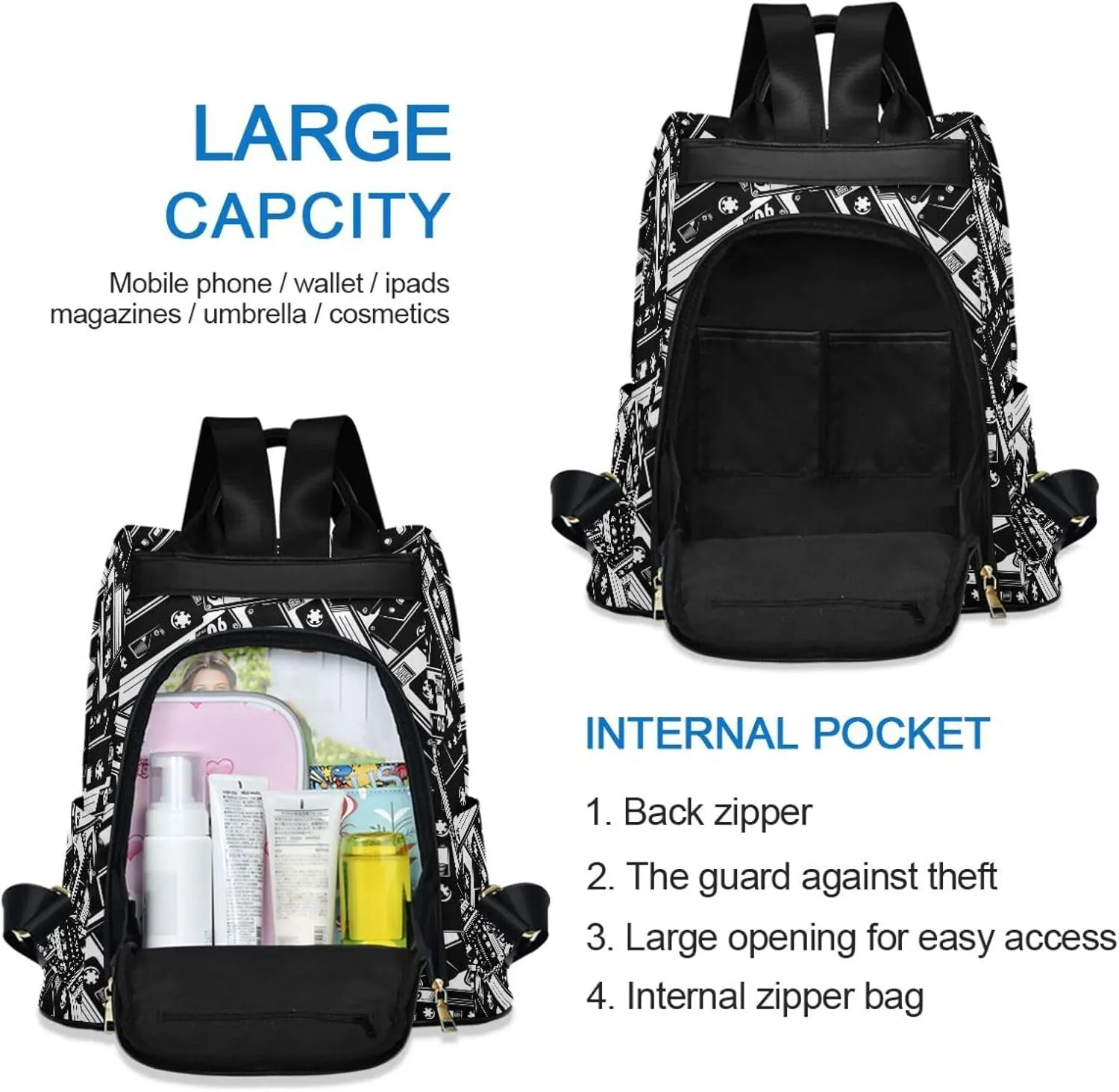 Fustylead Retro Black and White Cassette Tape Backpack Purse for Women Anti-theft Backpack Purse Travel Daypack