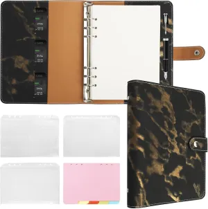 FYY Leather A5 Binder Notebook - Refillable 6 Ring Planner With Pockets, Dividers, Refill Paper, PU Leather Travel Journal Cover Black