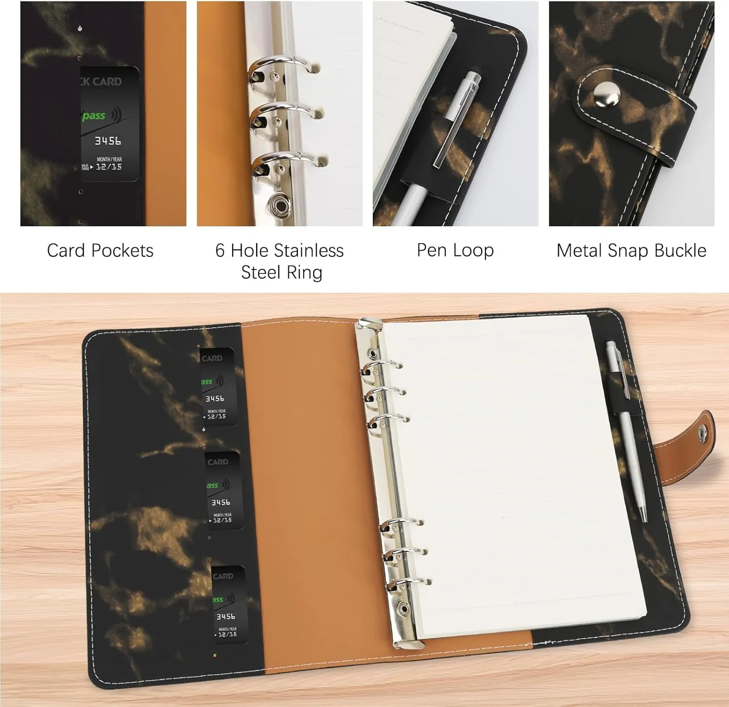 FYY Leather A5 Binder Notebook - Refillable 6 Ring Planner With Pockets, Dividers, Refill Paper, PU Leather Travel Journal Cover Black