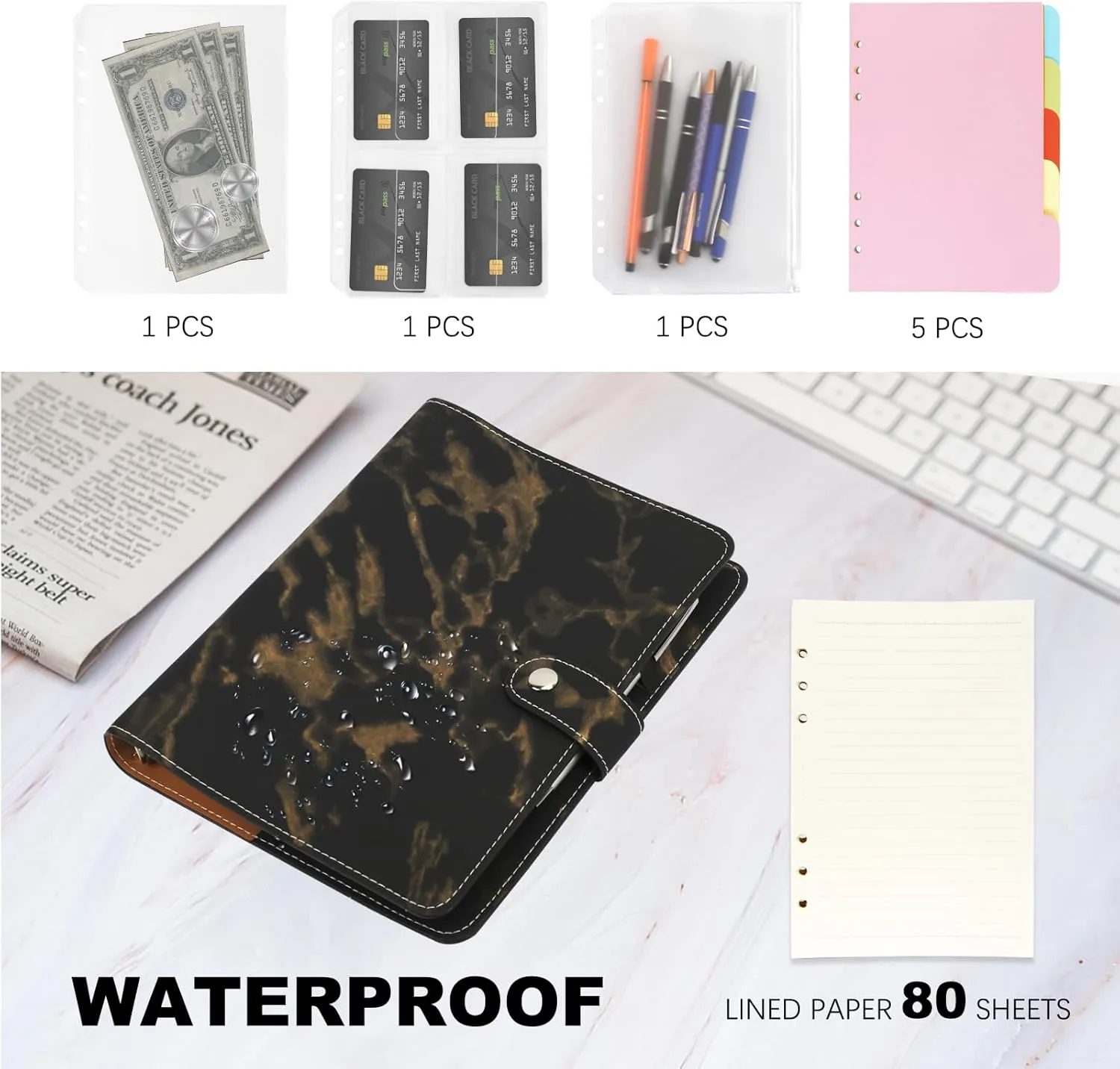 FYY Leather A5 Binder Notebook - Refillable 6 Ring Planner With Pockets, Dividers, Refill Paper, PU Leather Travel Journal Cover Black