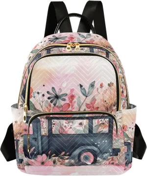 GAIGEO Butterflies Colorful Flowers Black Truck Woman's Backpack, Women's Purse Backpack, Women Backpack for Travel, S