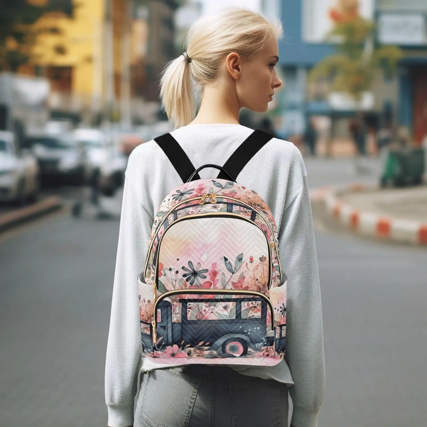 GAIGEO Butterflies Colorful Flowers Black Truck Woman's Backpack, Women's Purse Backpack, Women Backpack for Travel, S