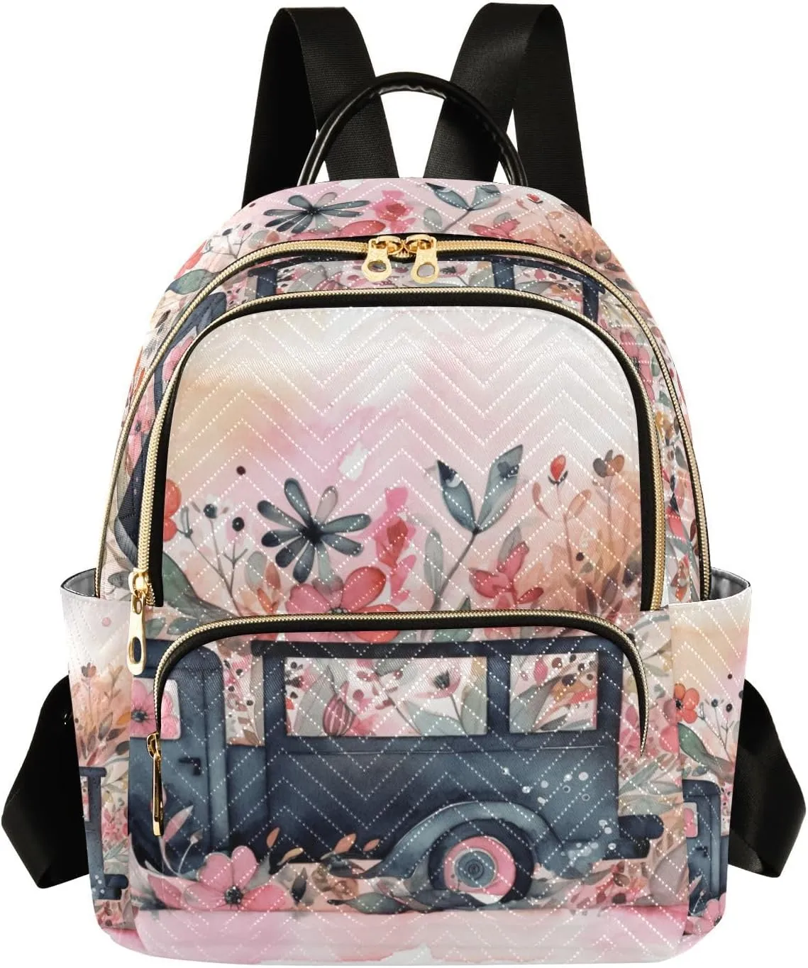 GAIGEO Butterflies Colorful Flowers Black Truck Woman's Backpack, Women's Purse Backpack, Women Backpack for Travel, S