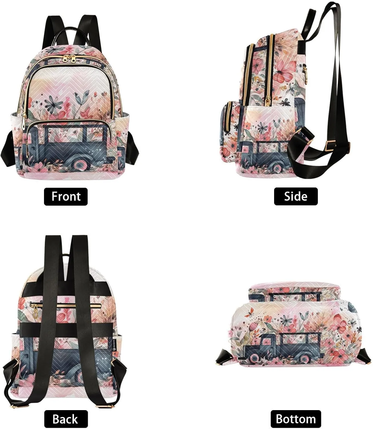 GAIGEO Butterflies Colorful Flowers Black Truck Woman's Backpack, Women's Purse Backpack, Women Backpack for Travel, S