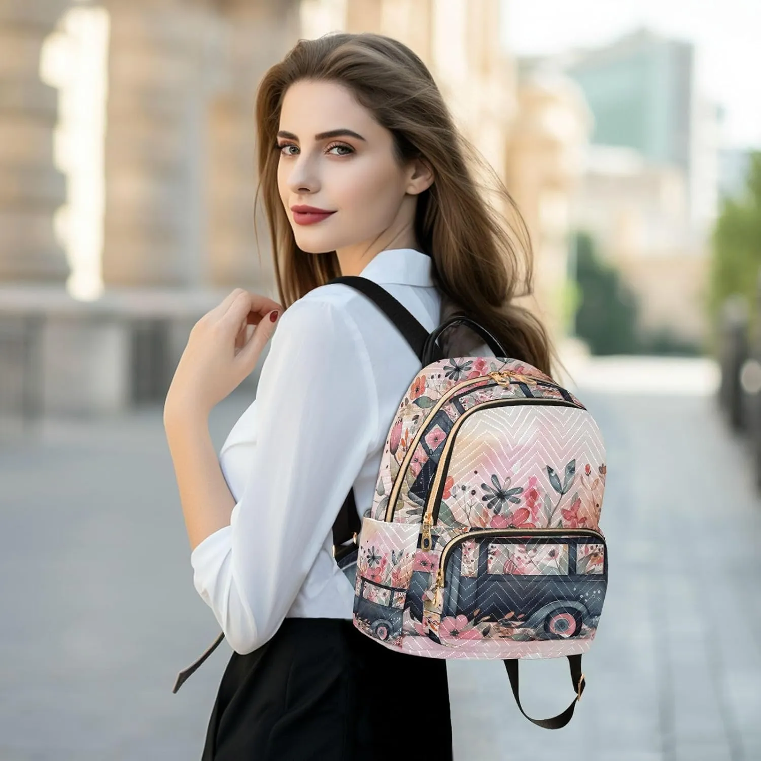 GAIGEO Butterflies Colorful Flowers Black Truck Woman's Backpack, Women's Purse Backpack, Women Backpack for Travel, S