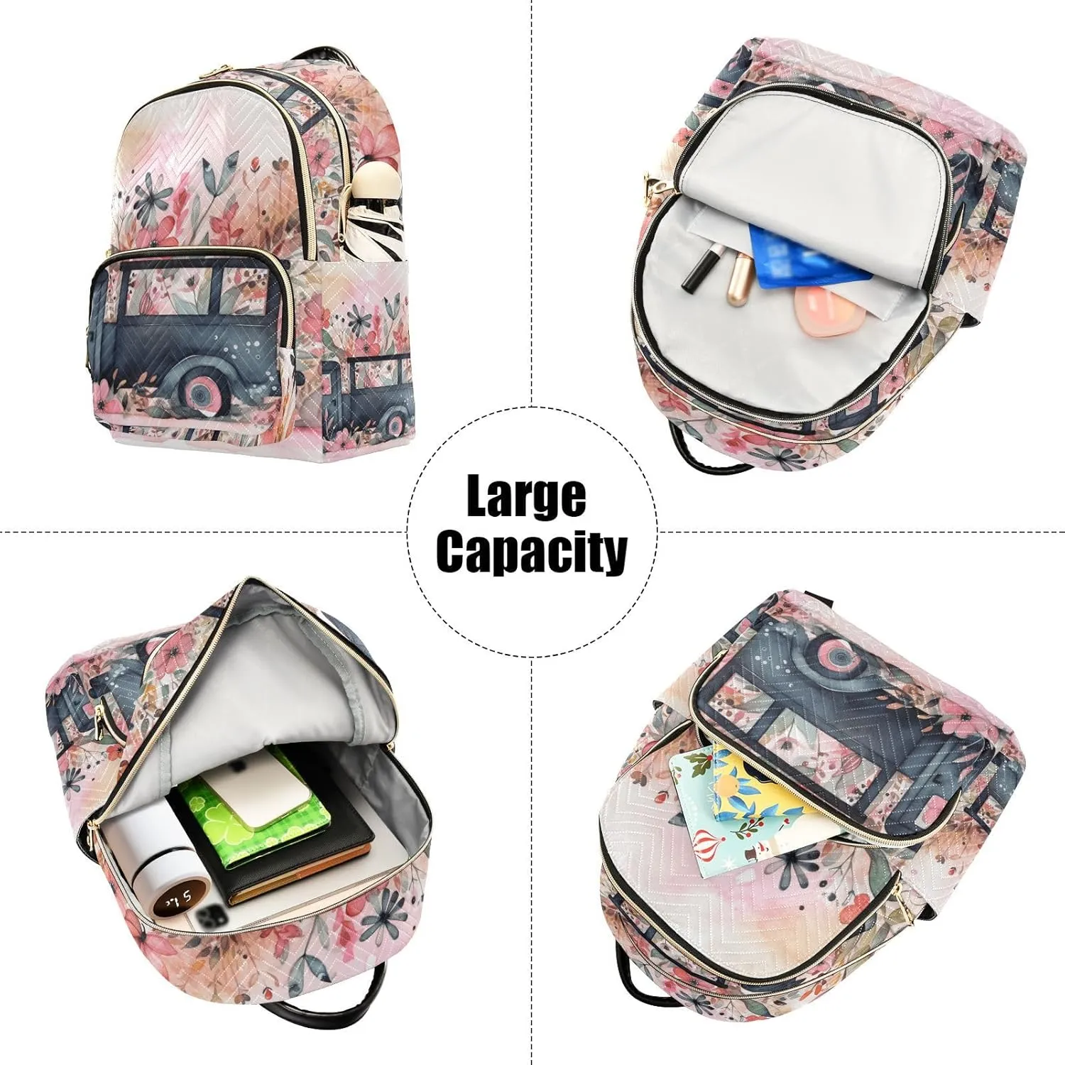 GAIGEO Butterflies Colorful Flowers Black Truck Woman's Backpack, Women's Purse Backpack, Women Backpack for Travel, S