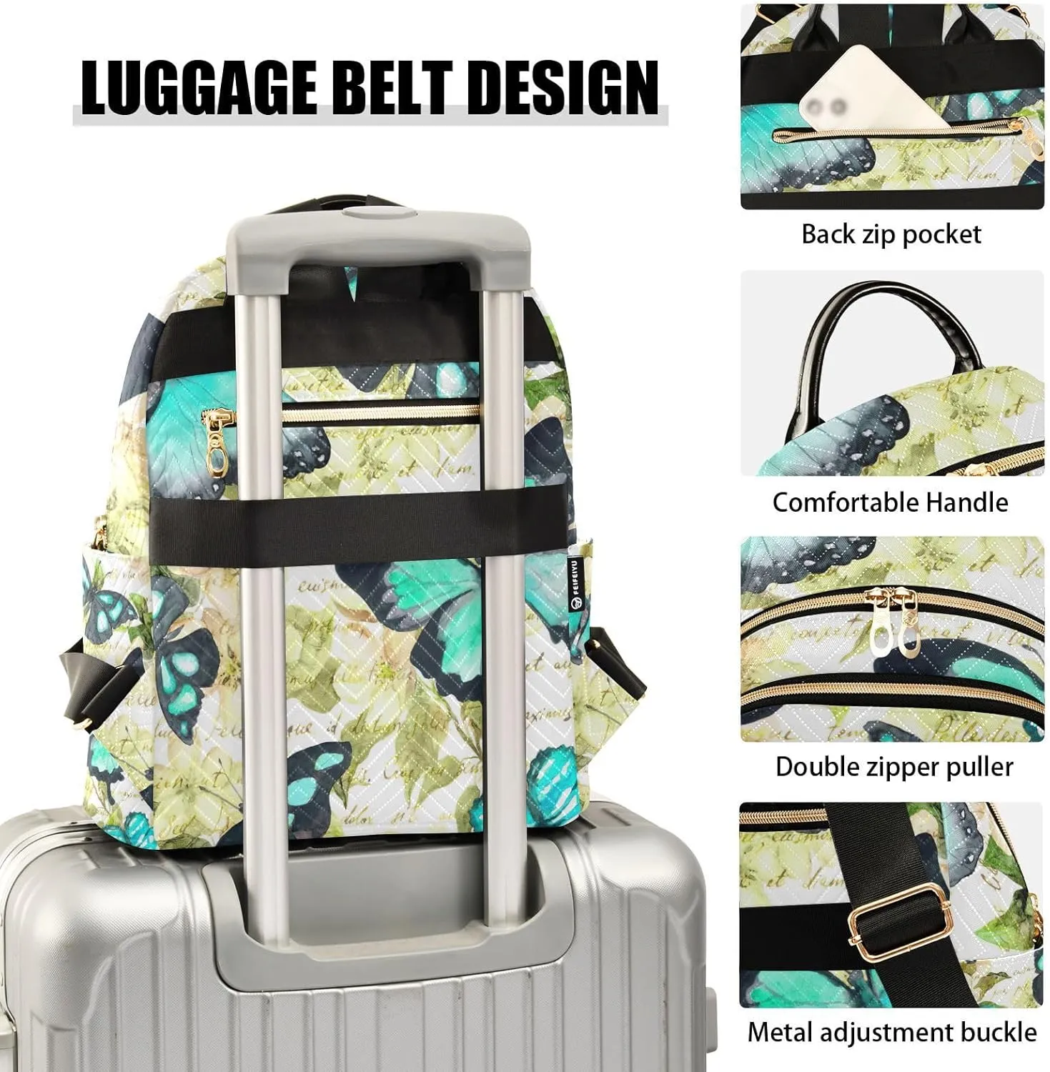 GAIGEO Flowers Butterflies Green Fashion Backpack Purse, Backpack Purse for Women Medium Size, Womens Travel Backpack, M