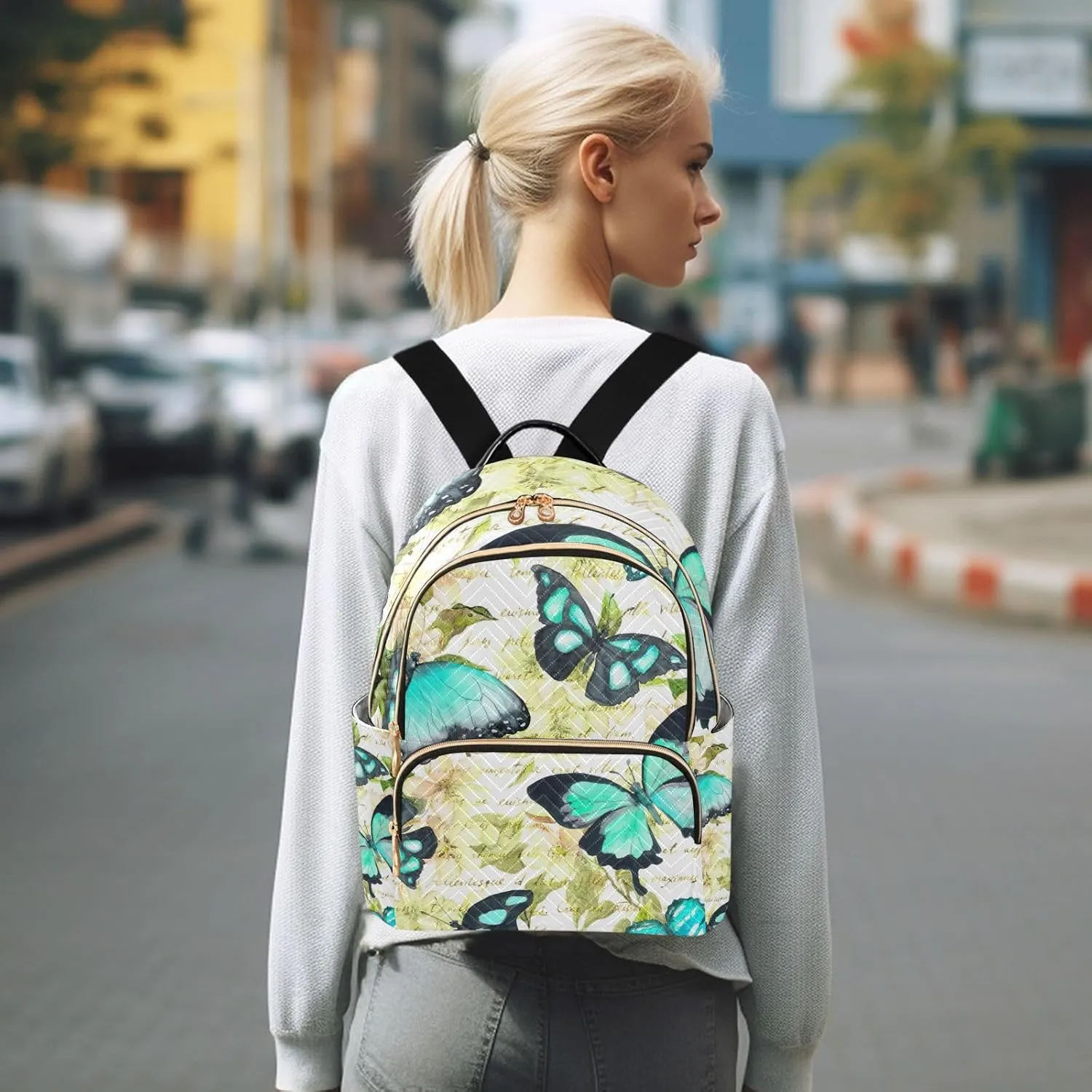 GAIGEO Flowers Butterflies Green Fashion Backpack Purse, Backpack Purse for Women Medium Size, Womens Travel Backpack, M