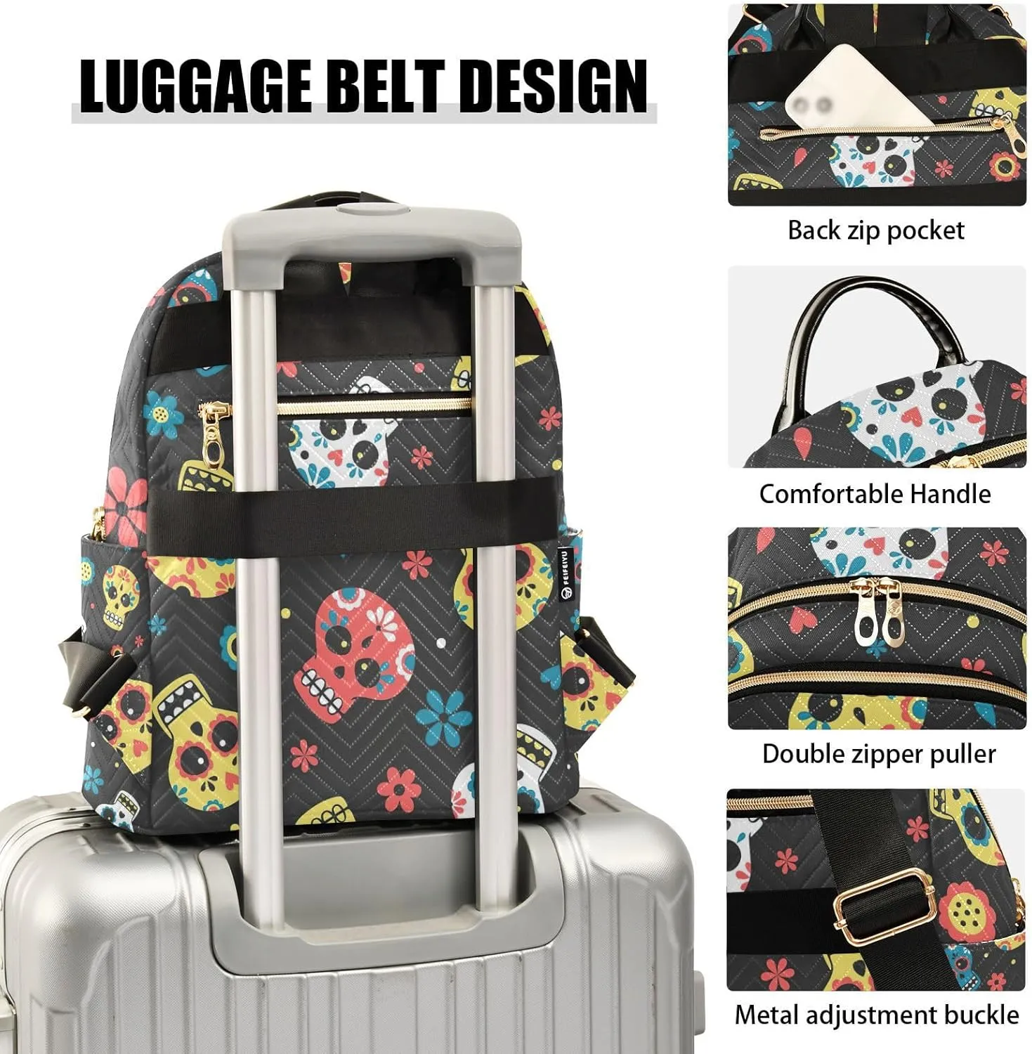 GAIGEO Mexican Day of the Dead Skulls with Flowers Women's Backpack Purse, Fashion Backpacks, Womens Vacation Backpack, S