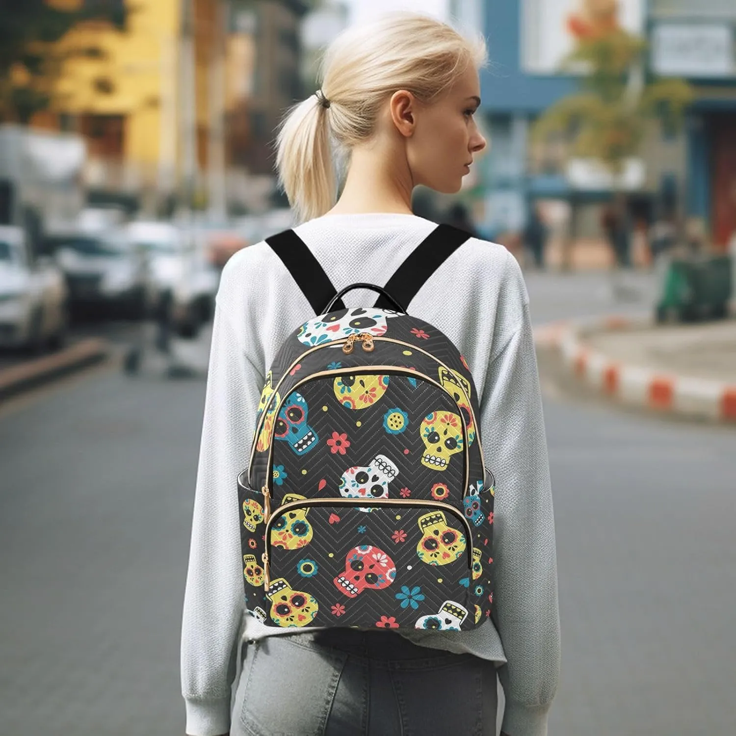 GAIGEO Mexican Day of the Dead Skulls with Flowers Women's Backpack Purse, Fashion Backpacks, Womens Vacation Backpack, S