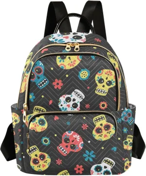 GAIGEO Mexican Day of the Dead Skulls with Flowers Women's Backpack Purse, Fashion Backpacks, Womens Vacation Backpack, S
