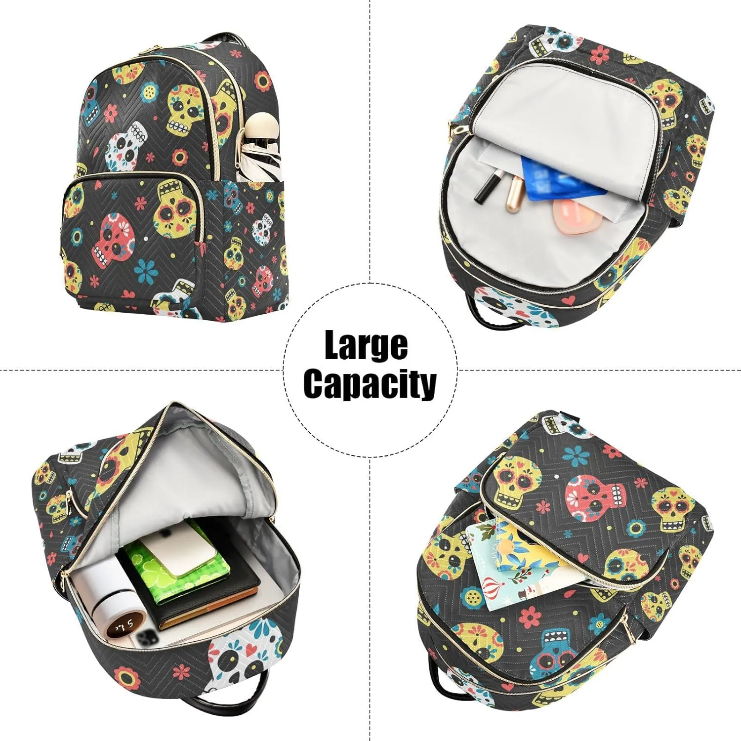 GAIGEO Mexican Day of the Dead Skulls with Flowers Women's Backpack Purse, Fashion Backpacks, Womens Vacation Backpack, S