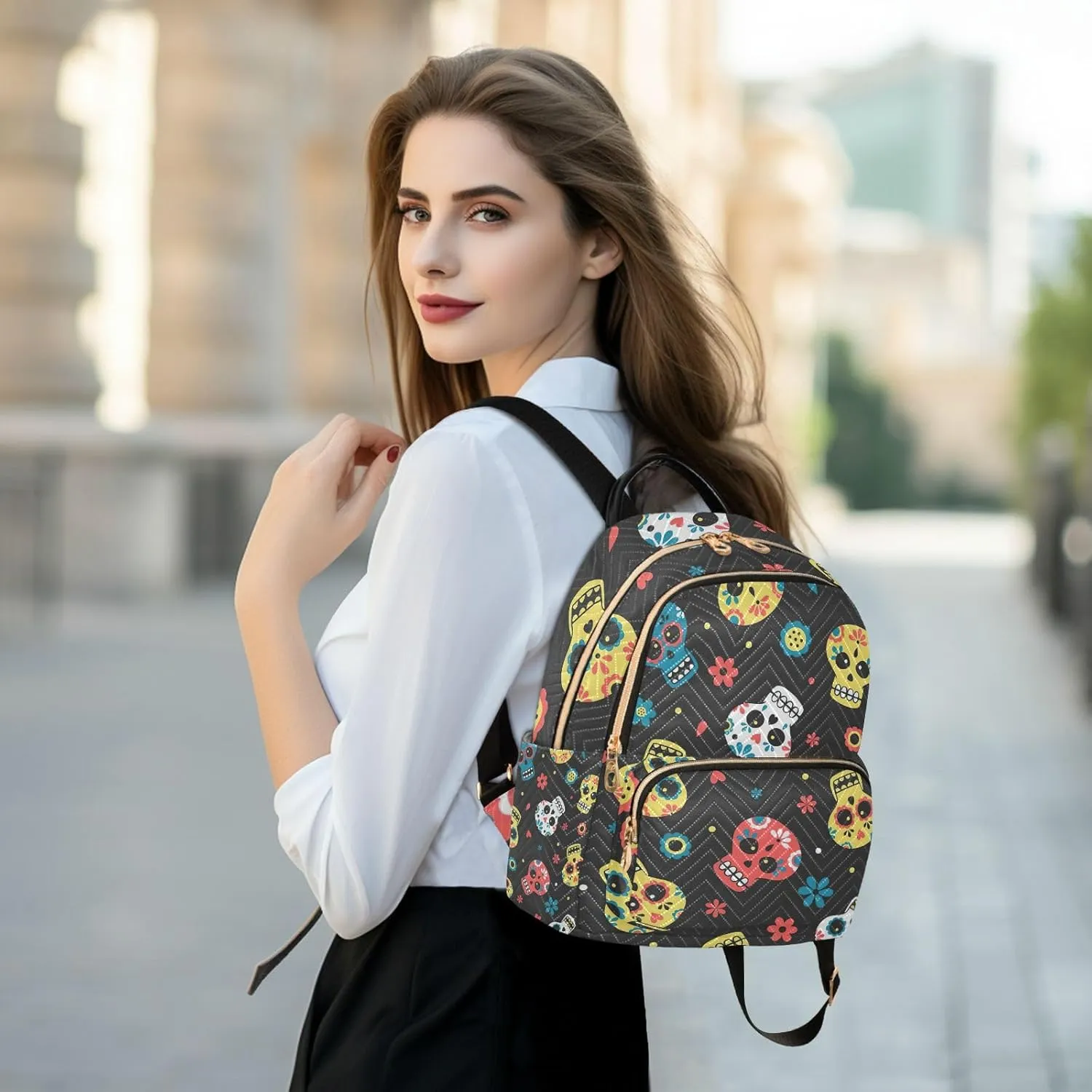 GAIGEO Mexican Day of the Dead Skulls with Flowers Women's Backpack Purse, Fashion Backpacks, Womens Vacation Backpack, S