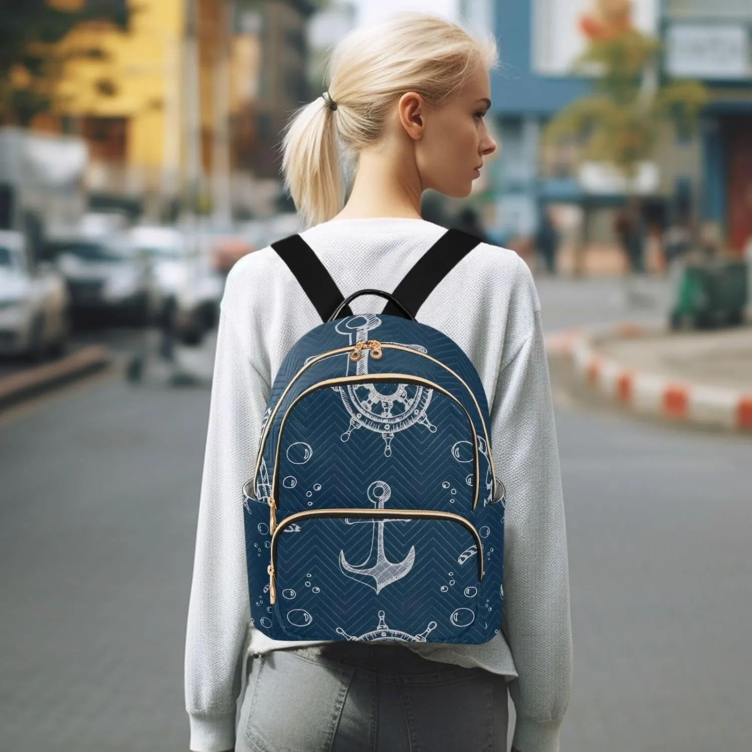 GAIGEO Nautical Theme Blue Hand Women Fashion Backpack, Women's Travel Backpack for Airplane, Backpack for Women Fashion, S