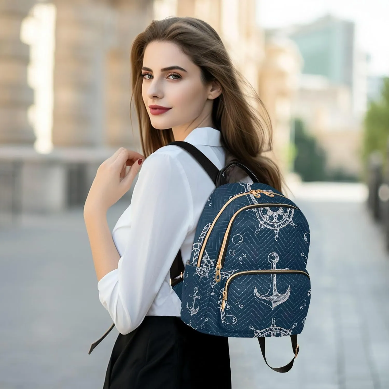 GAIGEO Nautical Theme Blue Hand Women Fashion Backpack, Women's Travel Backpack for Airplane, Backpack for Women Fashion, S