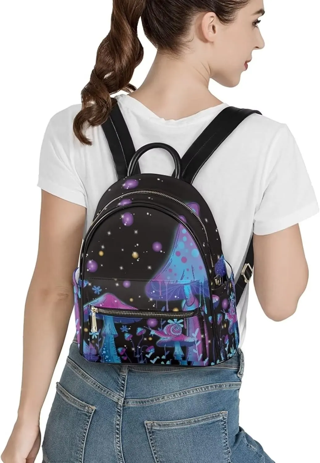 Galaxy Mushroom Snail Print Mini Pu Leather Backpacks for Women Casual Daypack Ladies Travel Shoulder Bags with Side and Inner Pocket,Blue