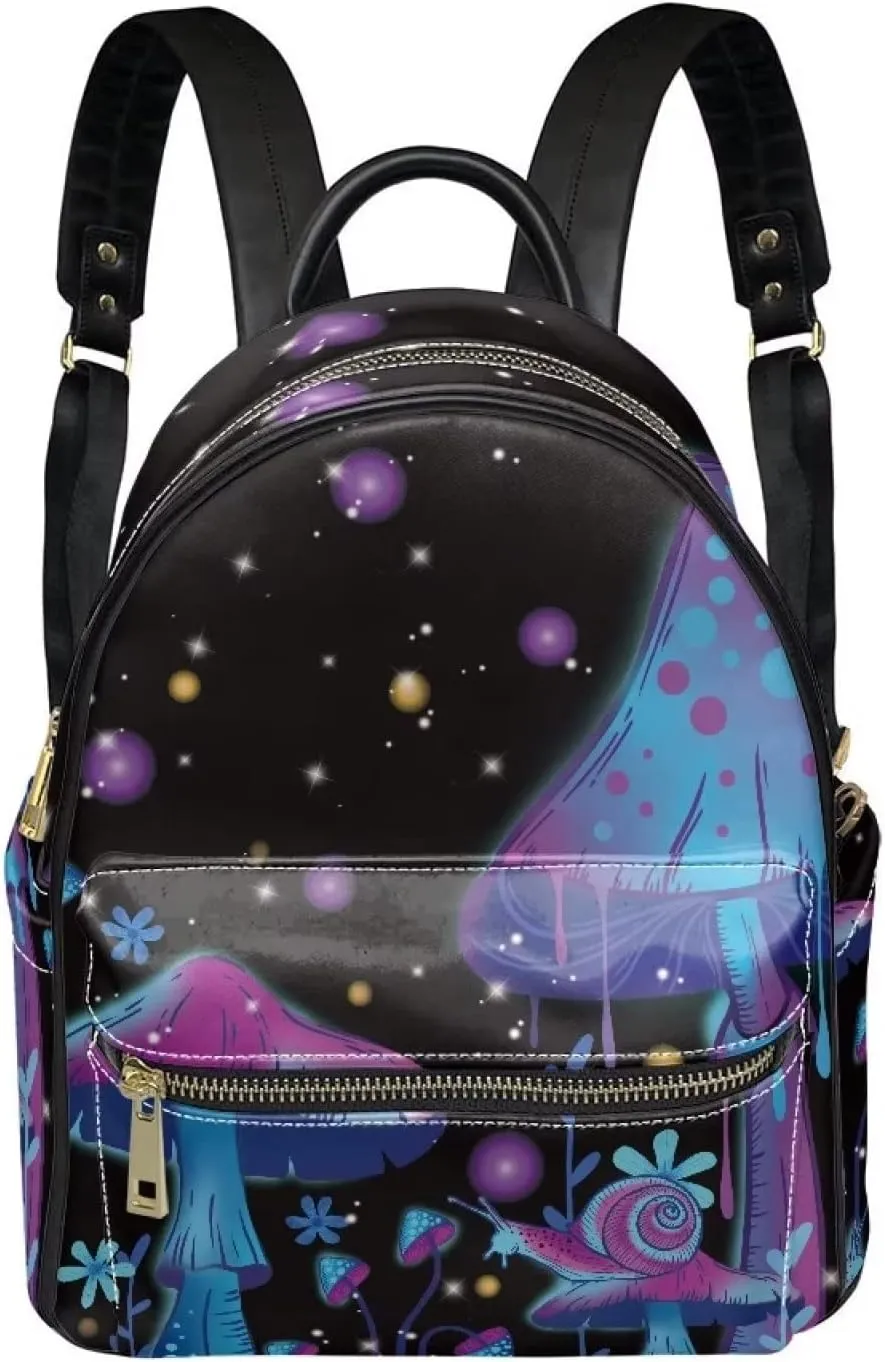 Galaxy Mushroom Snail Print Mini Pu Leather Backpacks for Women Casual Daypack Ladies Travel Shoulder Bags with Side and Inner Pocket,Blue