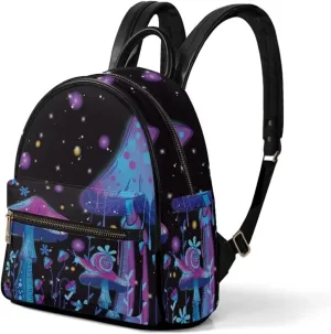 Galaxy Mushroom Snail Print Mini Pu Leather Backpacks for Women Casual Daypack Ladies Travel Shoulder Bags with Side and Inner Pocket,Blue