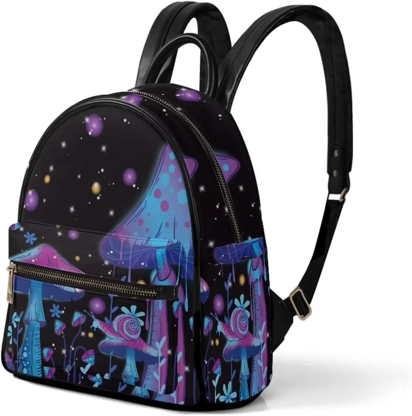 Galaxy Mushroom Snail Print Mini Pu Leather Backpacks for Women Casual Daypack Ladies Travel Shoulder Bags with Side and Inner Pocket,Blue