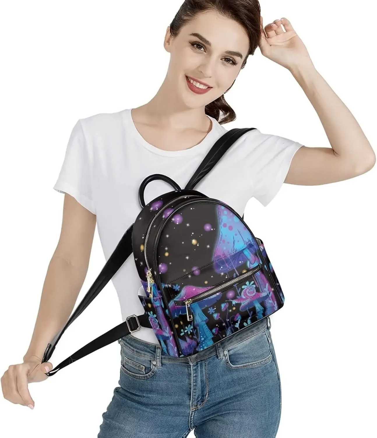 Galaxy Mushroom Snail Print Mini Pu Leather Backpacks for Women Casual Daypack Ladies Travel Shoulder Bags with Side and Inner Pocket,Blue